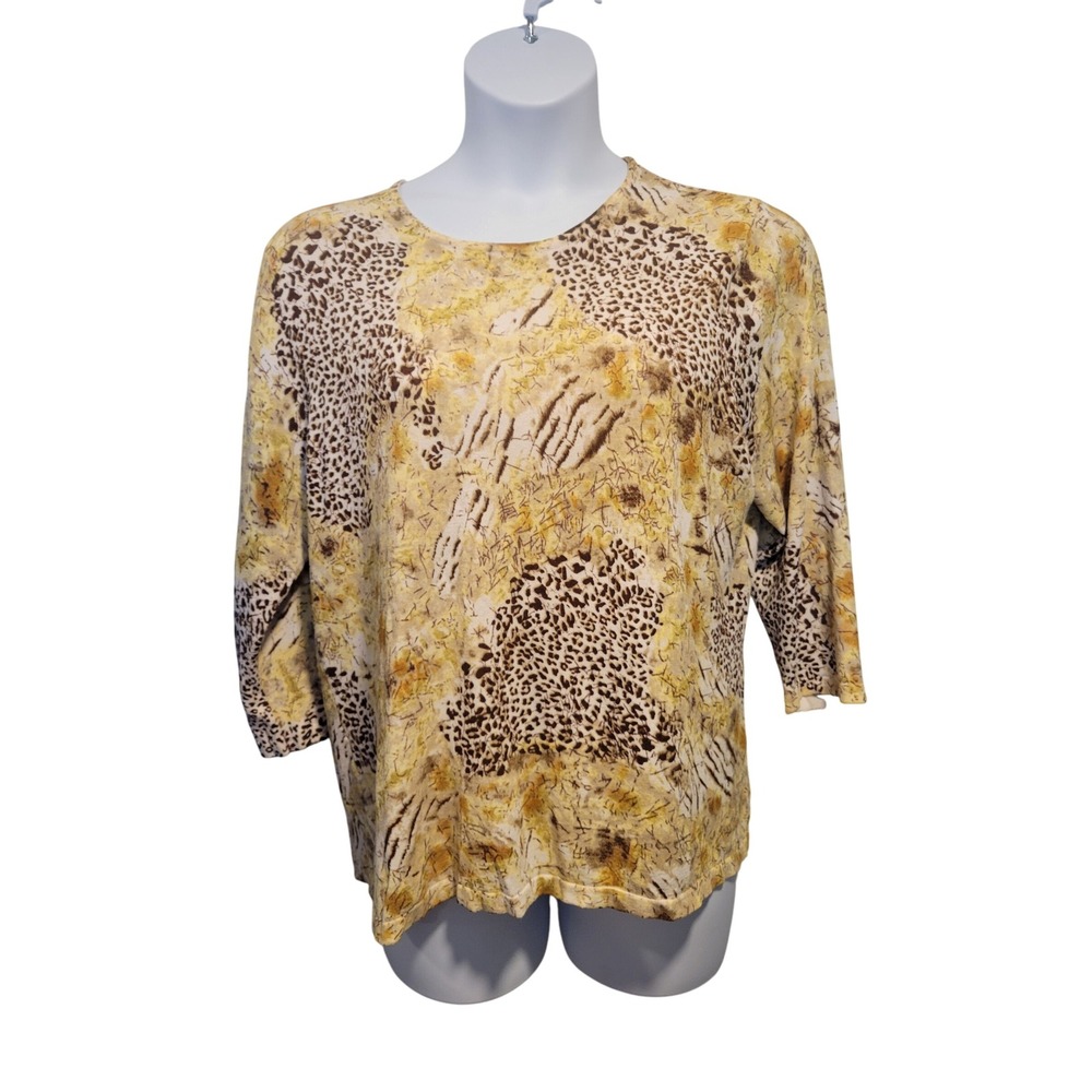 Joseph A Women 1X Animal Print Yellow 3/4 Sleeve Blouse Country Club‎ Vacation